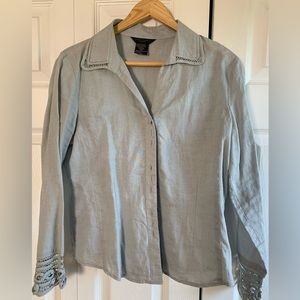 ANNE CARSON petite | medium | 100% linen robin’s blue collar long sleeves blouse